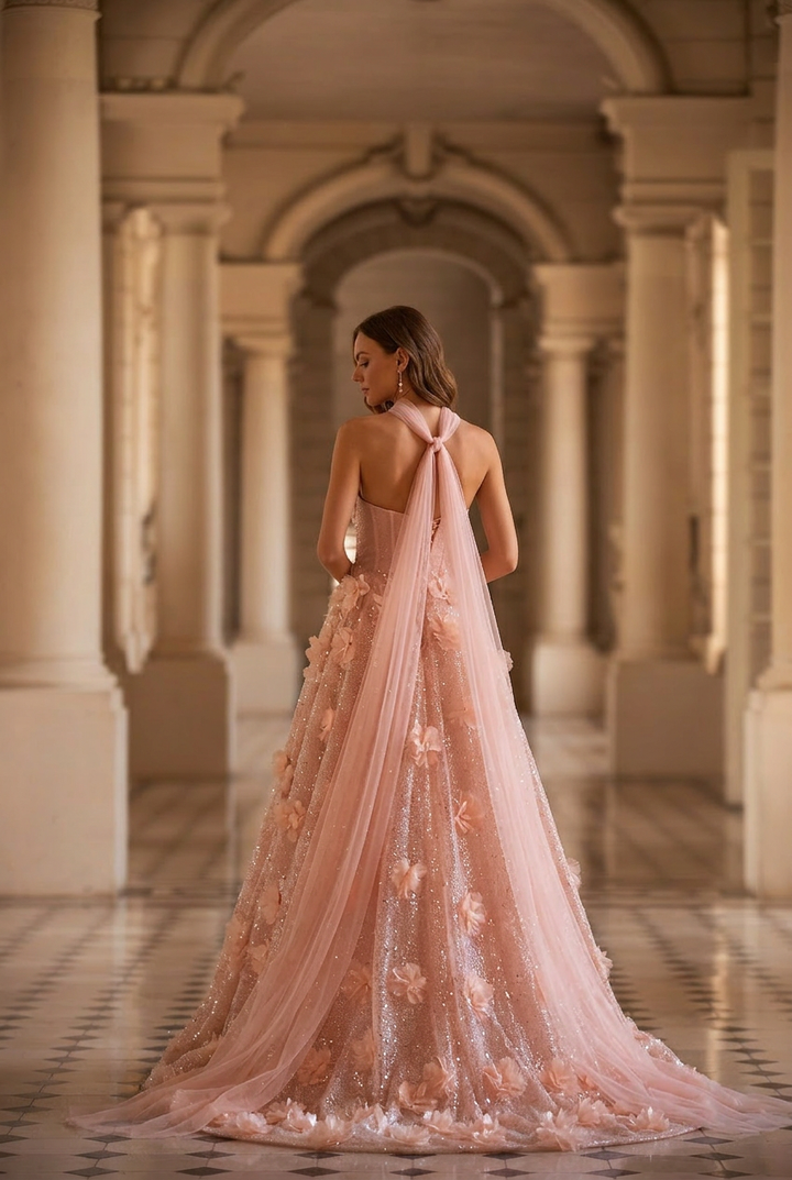 Pastel Pink Floral Appliqué Tulle Ball Gown with Strapless Corset Bodice Romantic Fairy Princess Evening Dress Couture Plus Size