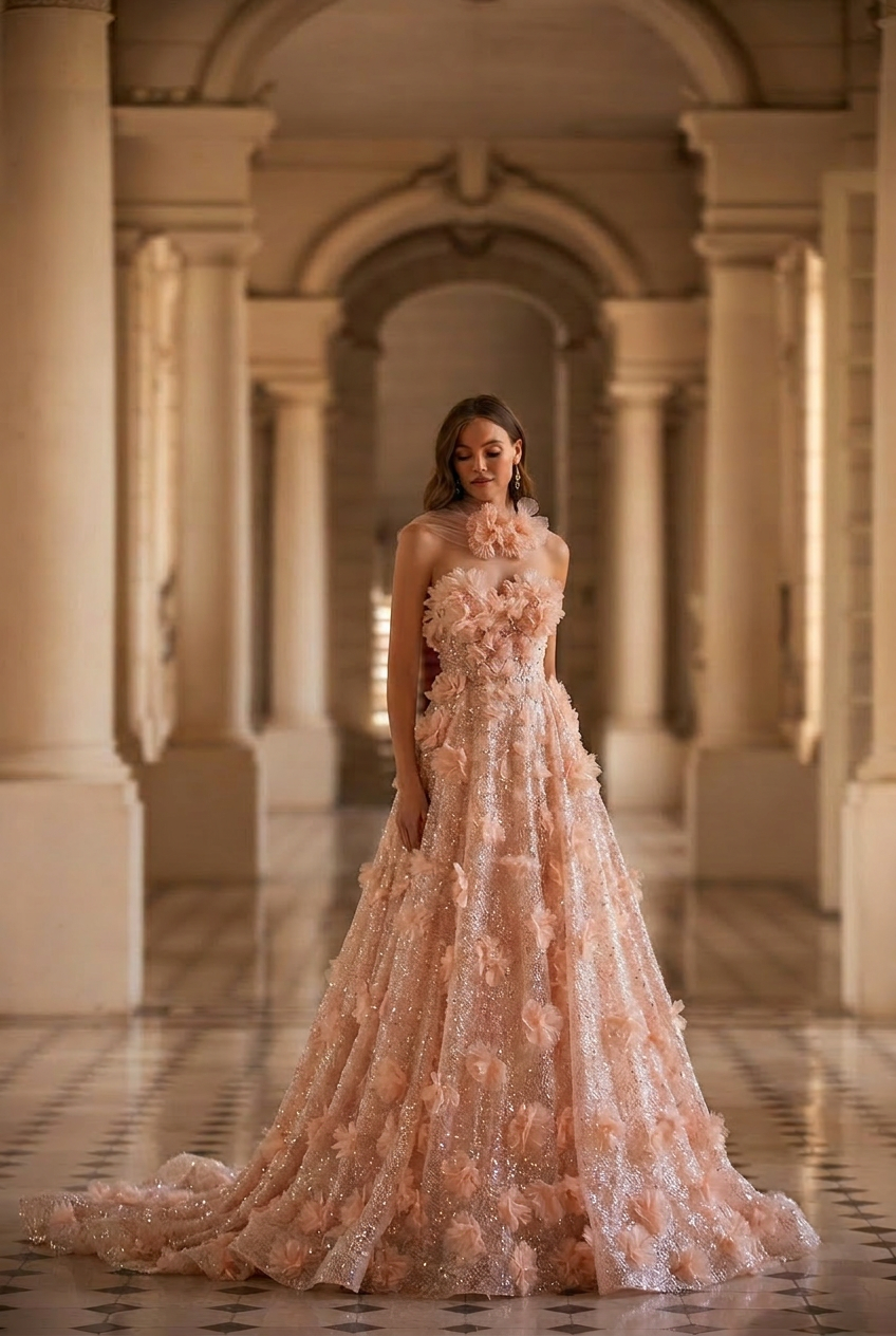 Pastel Pink Floral Appliqué Tulle Ball Gown with Strapless Corset Bodice Romantic Fairy Princess Evening Dress Couture Plus Size
