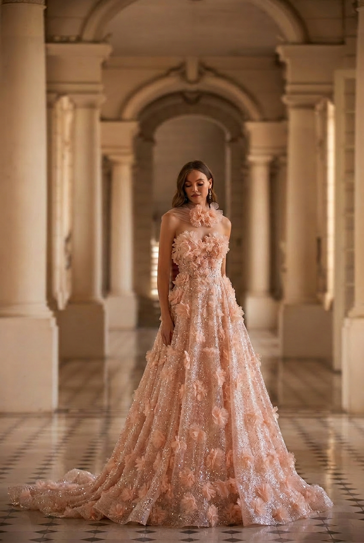 Pastel Pink Floral Appliqué Tulle Ball Gown with Strapless Corset Bodice Romantic Fairy Princess Evening Dress Couture Plus Size