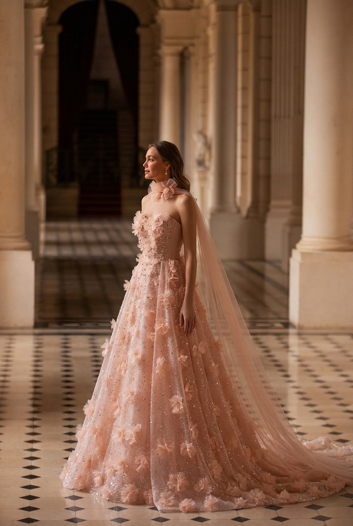 Pastel Pink Floral Appliqué Tulle Ball Gown with Strapless Corset Bodice Romantic Fairy Princess Evening Dress Couture Plus Size