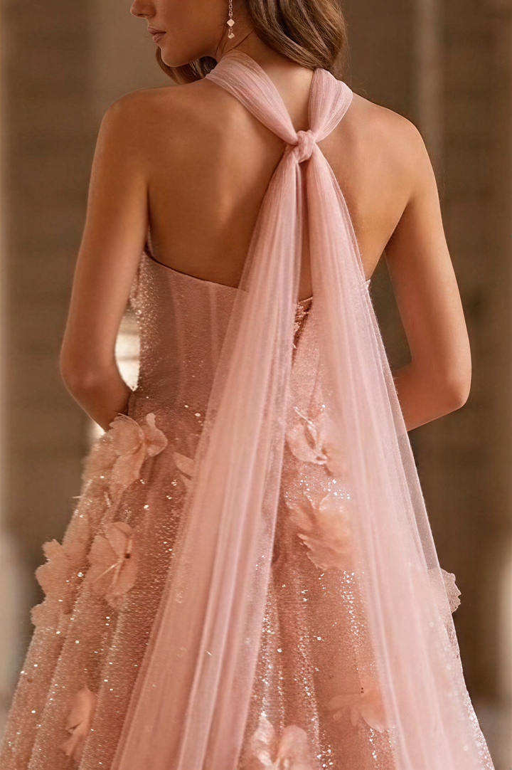 Pastel Pink Floral Appliqué Tulle Ball Gown with Strapless Corset Bodice Romantic Fairy Princess Evening Dress Couture Plus Size