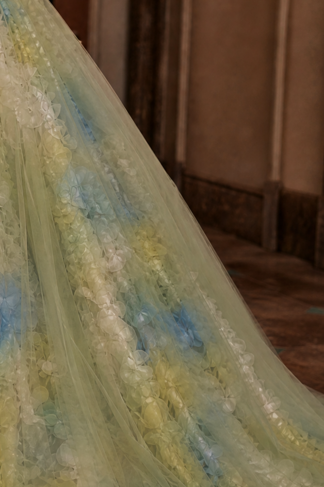 Pastel Green Floral Evening Gown - Off-Shoulder Tulle Dress with Corset Plus Size