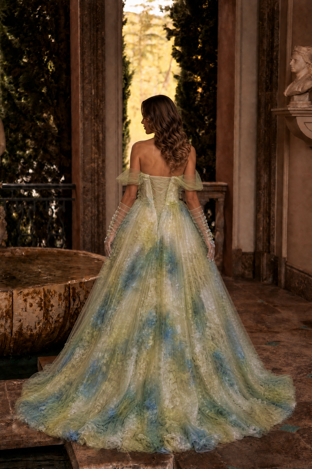 Pastel Green Floral Evening Gown - Off-Shoulder Tulle Dress with Corset Plus Size