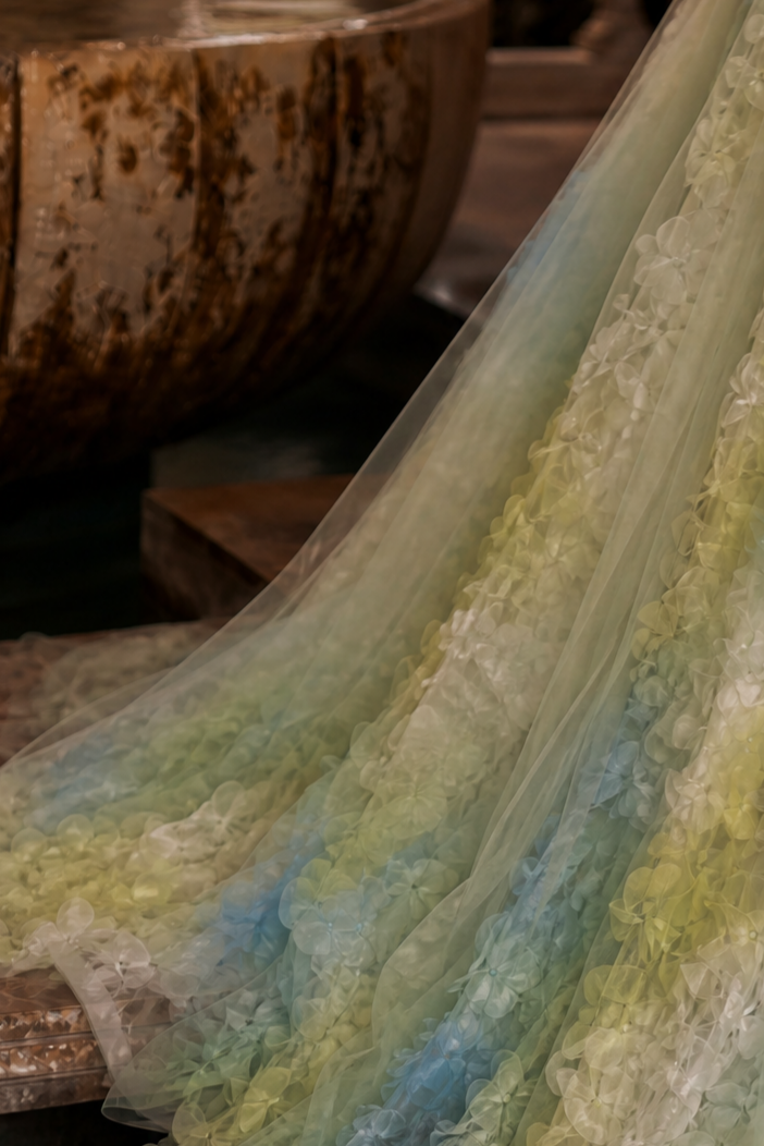 Pastel Green Floral Evening Gown - Off-Shoulder Tulle Dress with Corset Plus Size