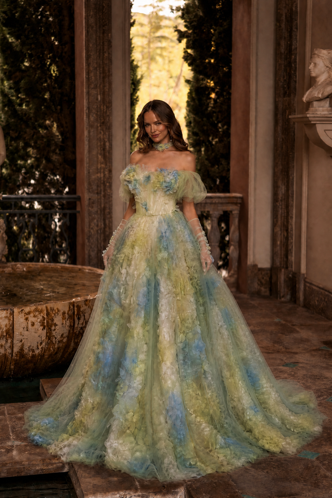 Pastel Green Floral Evening Gown