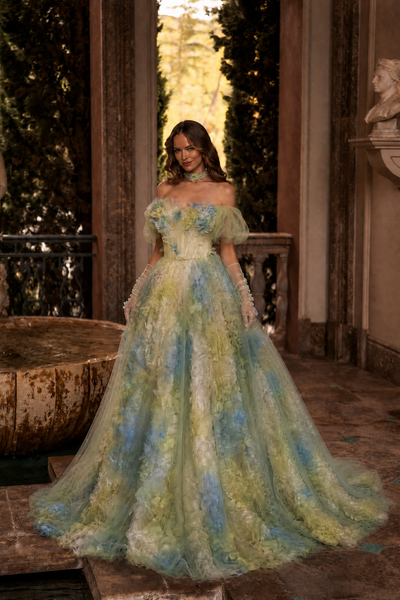 Pastel Green Floral Evening Gown
