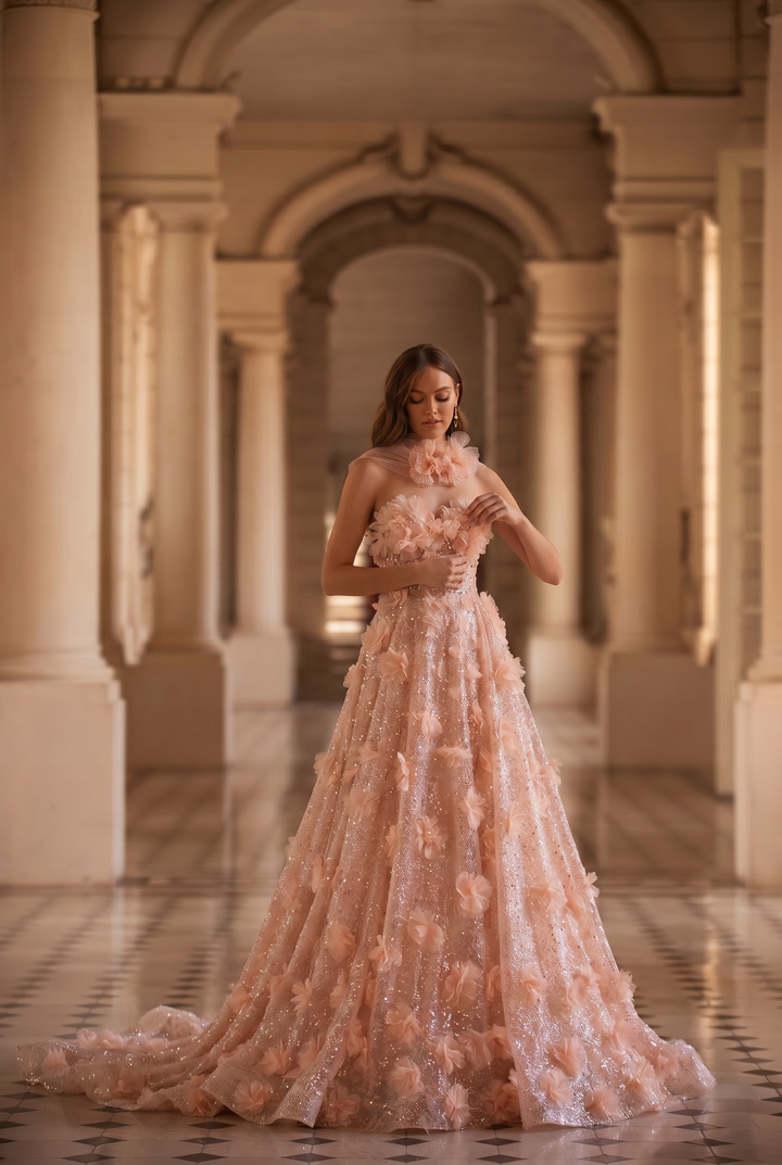 Pastel Pink Floral Appliqué Tulle Ball Gown with Strapless Corset Bodice Romantic Fairy Princess Evening Dress Couture Plus Size