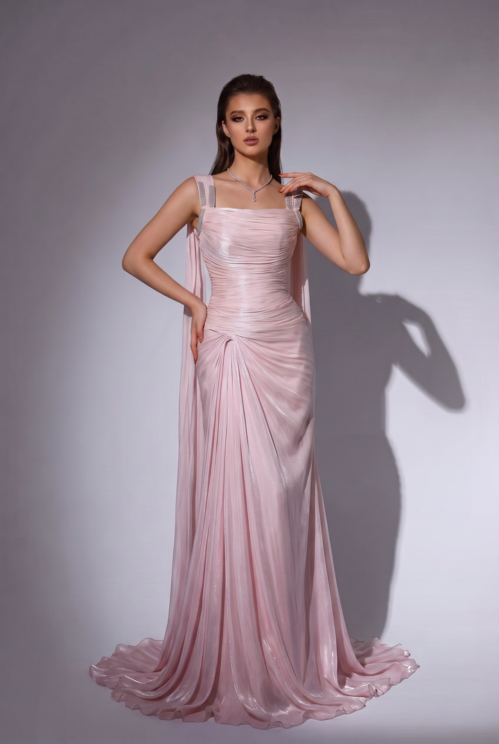 Pink Draped Evening Dress with Embellished Straps - Ruched Floor-Length Gown with Flowing Tulle Drapes - Elegant Pink Formal Dress Plus Size