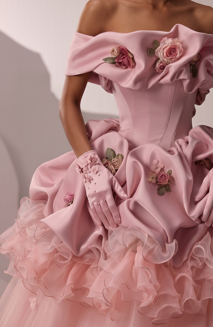 Pink Evening Dress with Off the Shoulder Ruffle Ball Gown and 3D Floral Appliqué Plus Size