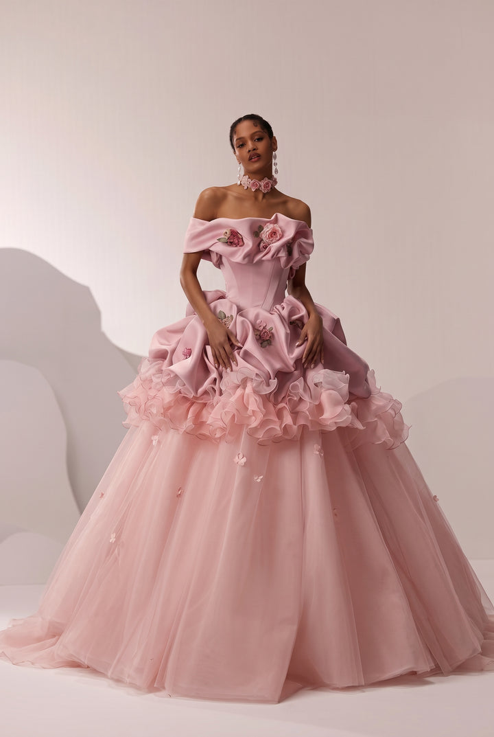 Pink Evening Dress with Off the Shoulder Ruffle Ball Gown and 3D Floral Appliqué Plus Size