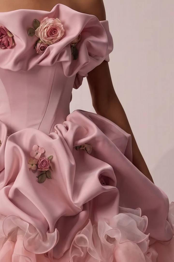 Pink Evening Dress with Off the Shoulder Ruffle Ball Gown and 3D Floral Appliqué Plus Size