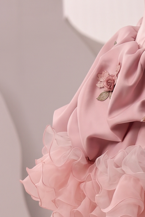 Pink Evening Dress with Off the Shoulder Ruffle Ball Gown and 3D Floral Appliqué Plus Size