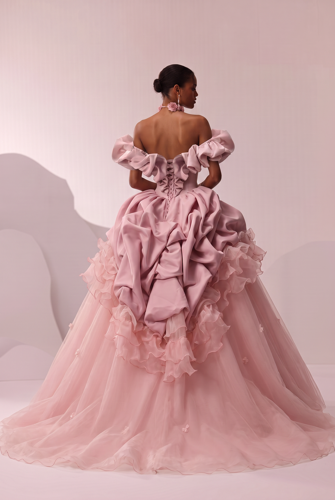 Pink Evening Dress with Off the Shoulder Ruffle Ball Gown and 3D Floral Appliqué Plus Size