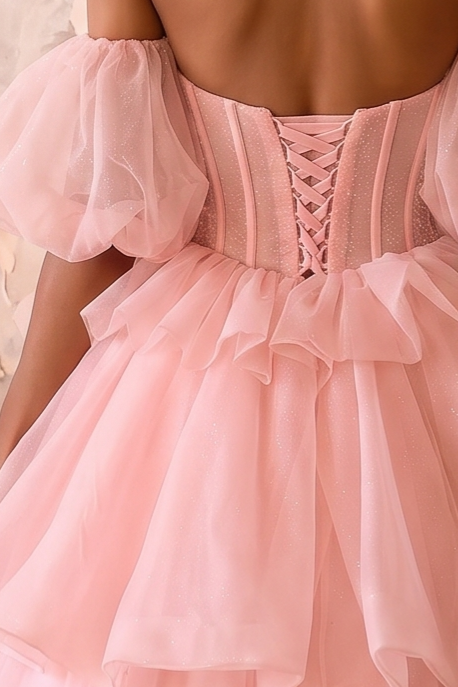 Pink Fairy Wedding Dress with 3D Floral Bodice - Off the Shoulder Tulle Ball Gown with Oversized Bow - Romantic Wedding Dress Plus Size