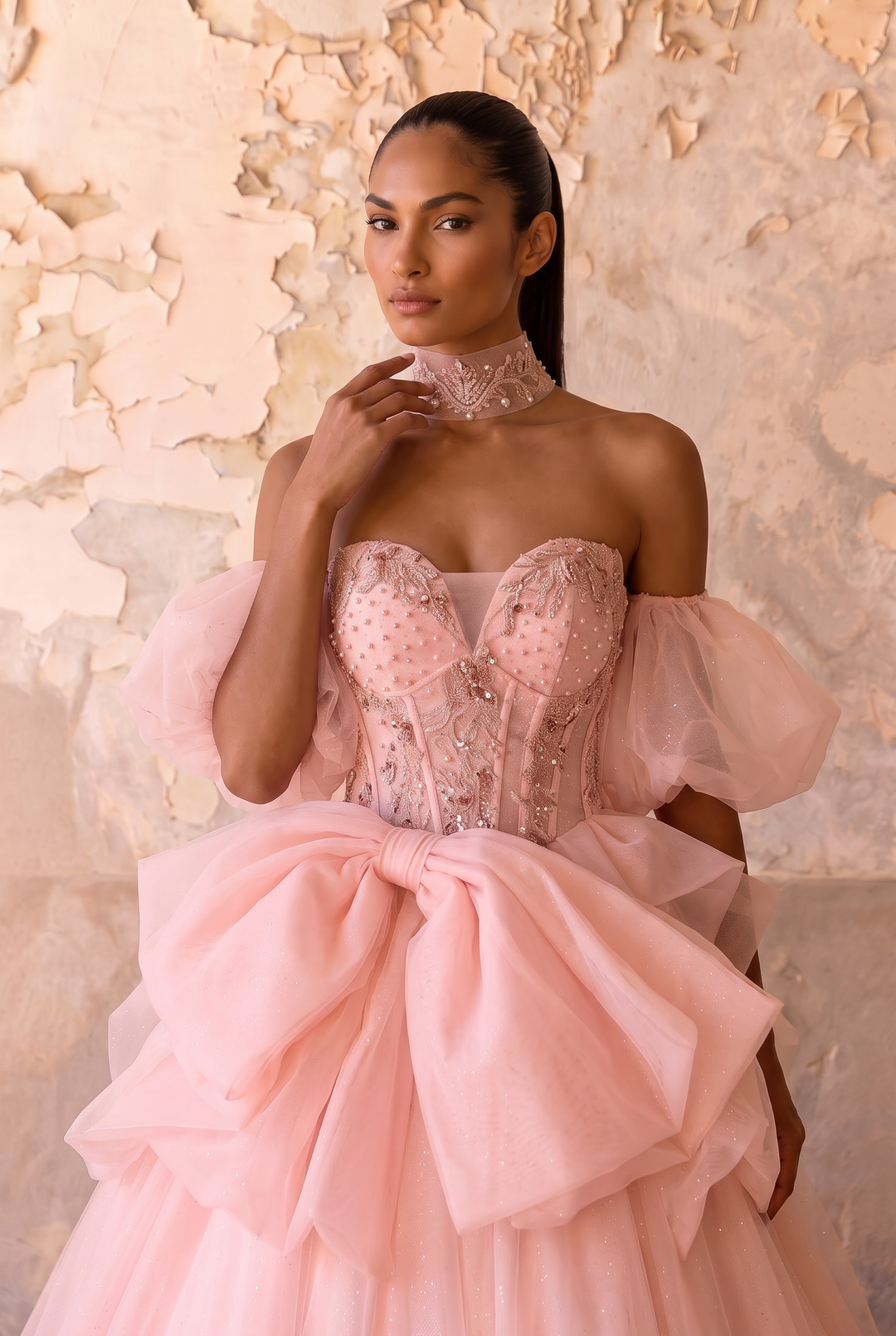 Pink Fairy Wedding Dress with 3D Floral Bodice - Off the Shoulder Tulle Ball Gown with Oversized Bow - Romantic Wedding Dress Plus Size
