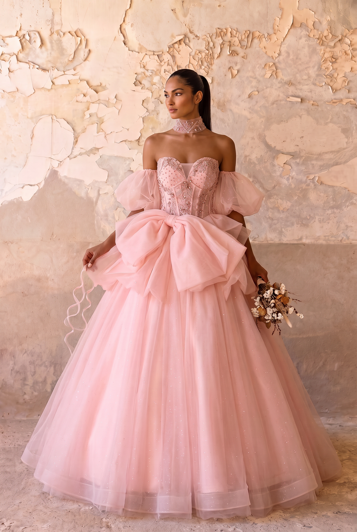 Pink Fairy Wedding Dress with 3D Floral Bodice - Off the Shoulder Tulle Ball Gown with Oversized Bow - Romantic Wedding Dress Plus Size