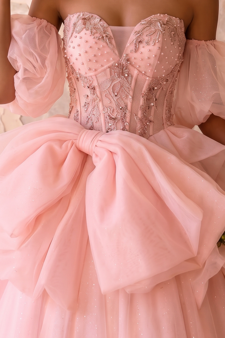 Pink Fairy Wedding Dress with 3D Floral Bodice - Off the Shoulder Tulle Ball Gown with Oversized Bow - Romantic Wedding Dress Plus Size