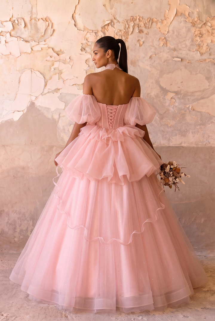 Pink Fairy Wedding Dress with 3D Floral Bodice - Off the Shoulder Tulle Ball Gown with Oversized Bow - Romantic Wedding Dress Plus Size