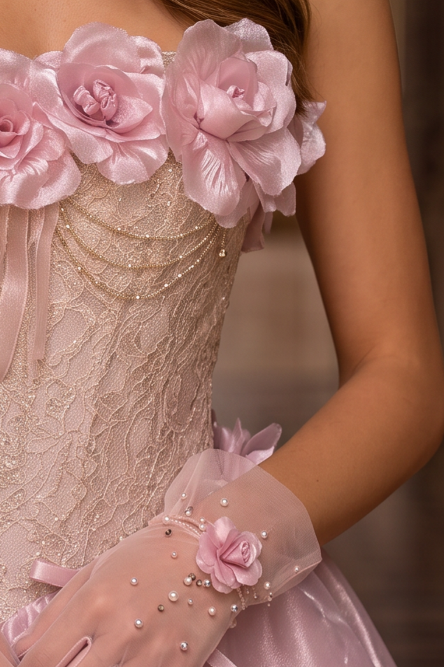 Blush Pink Off-Shoulder Evening Gown with Floral Appliqué – Satin Evening Dress with Lace-Up Back Plus Size