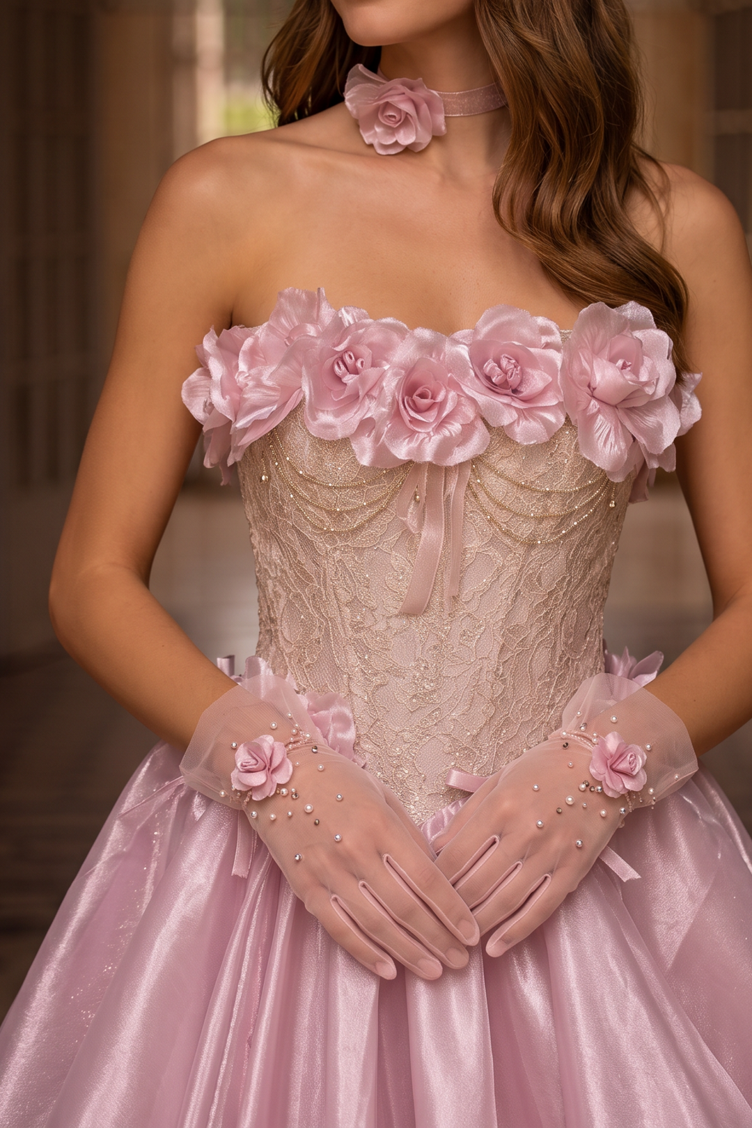 Blush Pink Off-Shoulder Evening Gown with Floral Appliqué – Satin Evening Dress with Lace-Up Back Plus Size