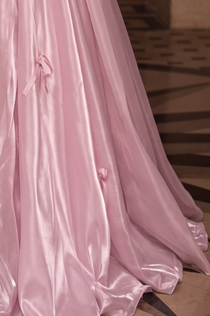 Blush Pink Off-Shoulder Evening Gown with Floral Appliqué – Satin Evening Dress with Lace-Up Back Plus Size