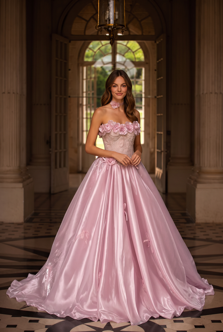 Blush Pink Off-Shoulder Evening Gown with Floral Appliqué – Satin Evening Dress with Lace-Up Back Plus Size