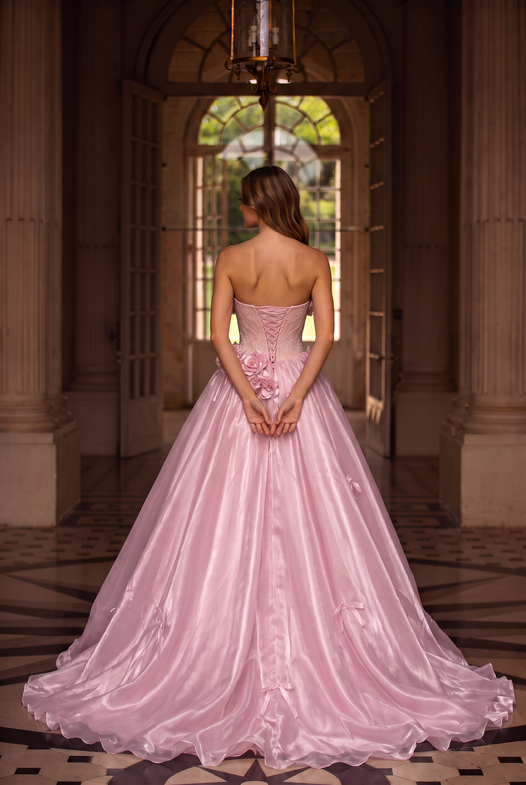 Blush Pink Off-Shoulder Evening Gown with Floral Appliqué – Satin Evening Dress with Lace-Up Back Plus Size