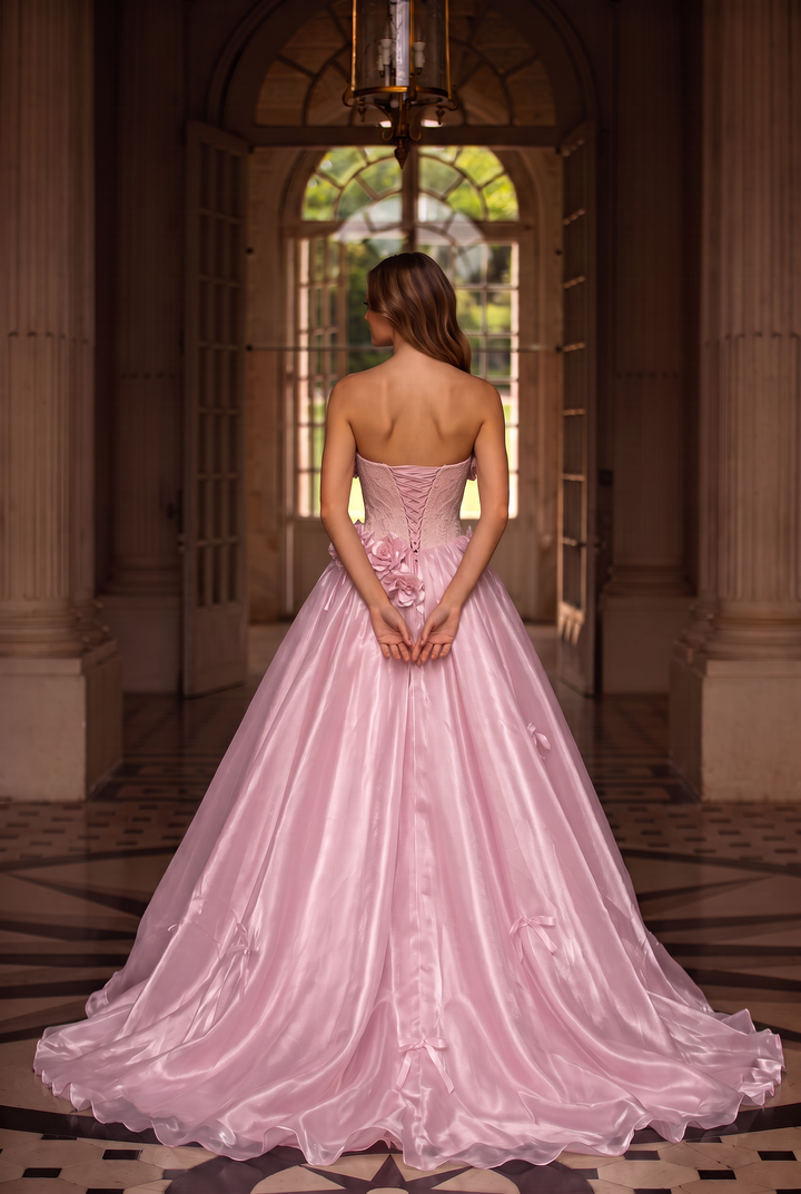 Blush Pink Off-Shoulder Evening Gown with Floral Appliqué – Satin Evening Dress with Lace-Up Back Plus Size