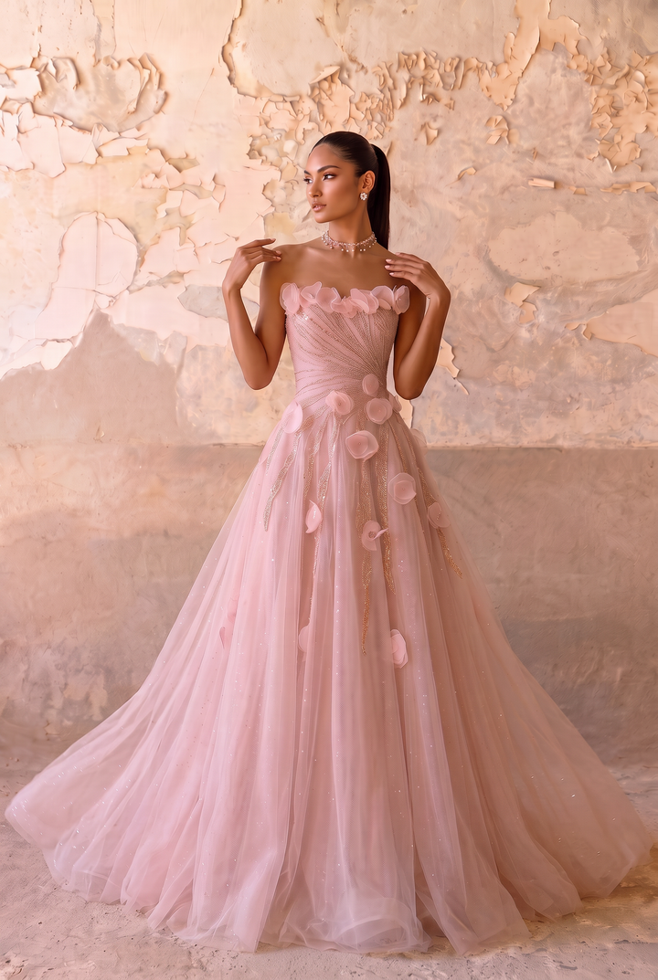 Pink Floral Ball Gown with Off-Shoulder Tulle Sleeves, 3D Flower Embellishments and Lace-Up Corset Back Plus Size