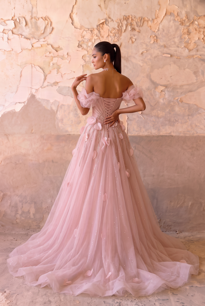 Pink Floral Ball Gown with Off-Shoulder Tulle Sleeves, 3D Flower Embellishments and Lace-Up Corset Back Plus Size