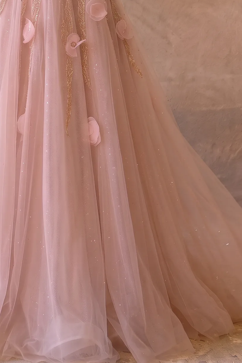 Pink Floral Ball Gown with Off-Shoulder Tulle Sleeves, 3D Flower Embellishments and Lace-Up Corset Back Plus Size