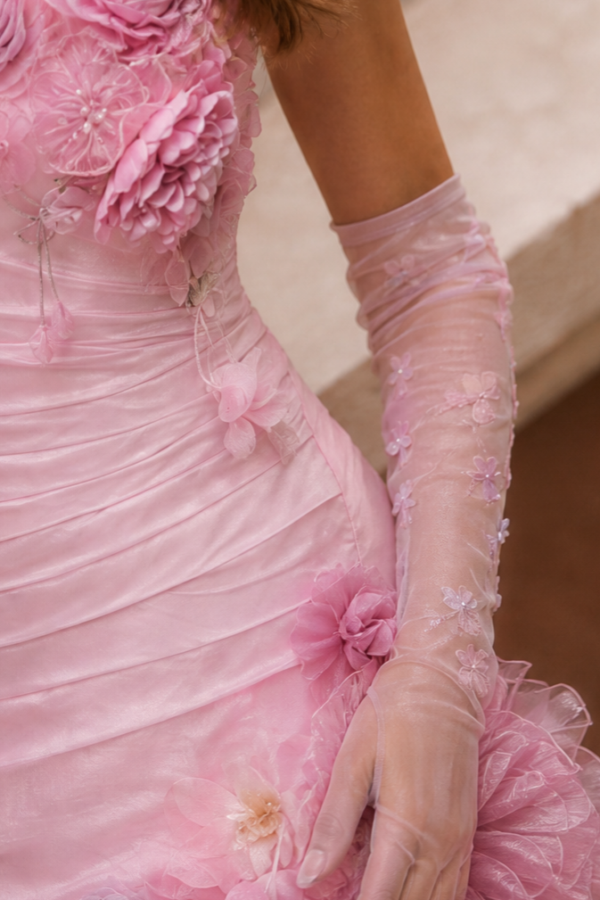 Pink Floral Mermaid Gown with 3D Flower Appliqué and Ruffled Evening Dress Plus Size