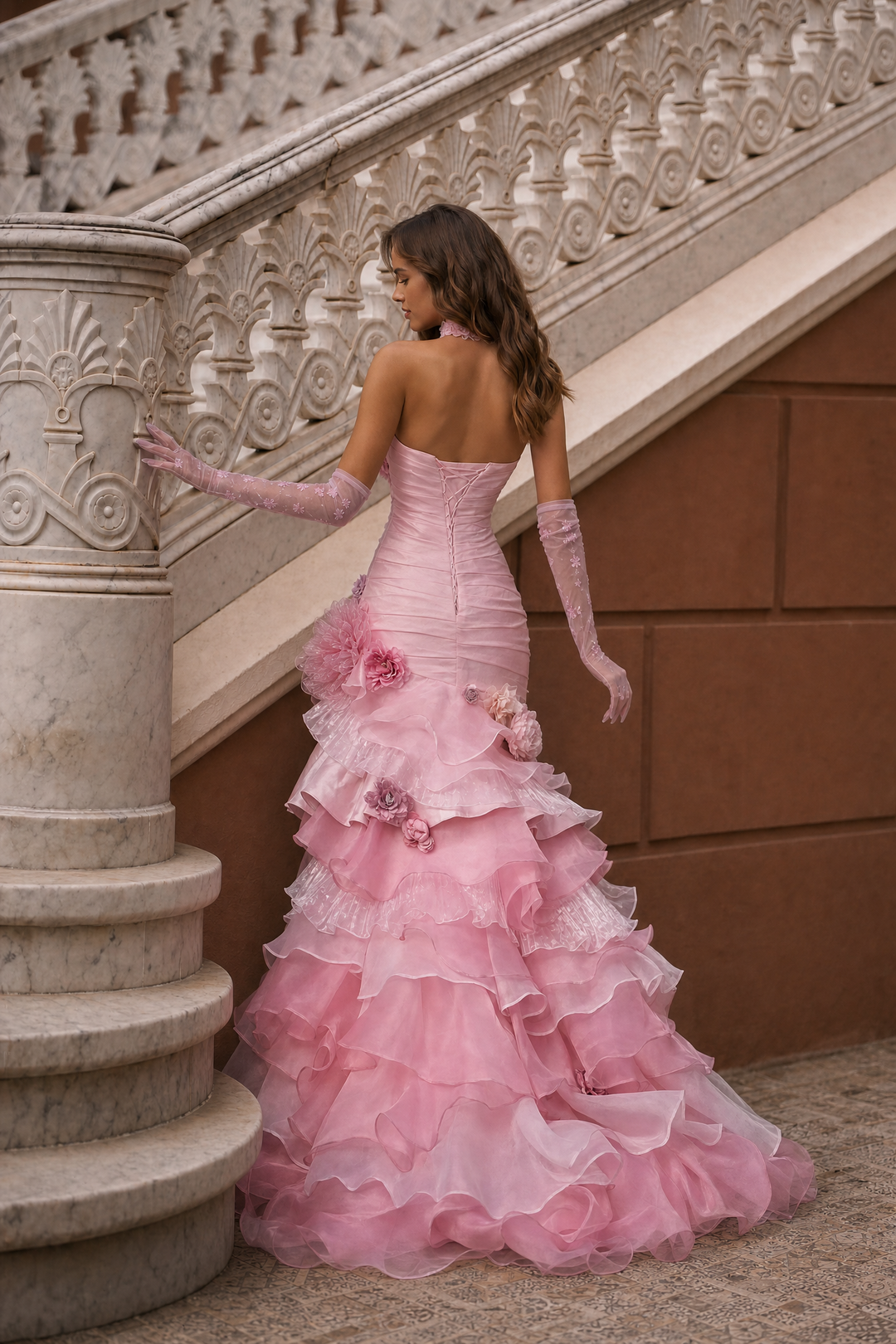 Pink Floral Mermaid Gown with 3D Flower Appliqué and Ruffled Evening Dress Plus Size
