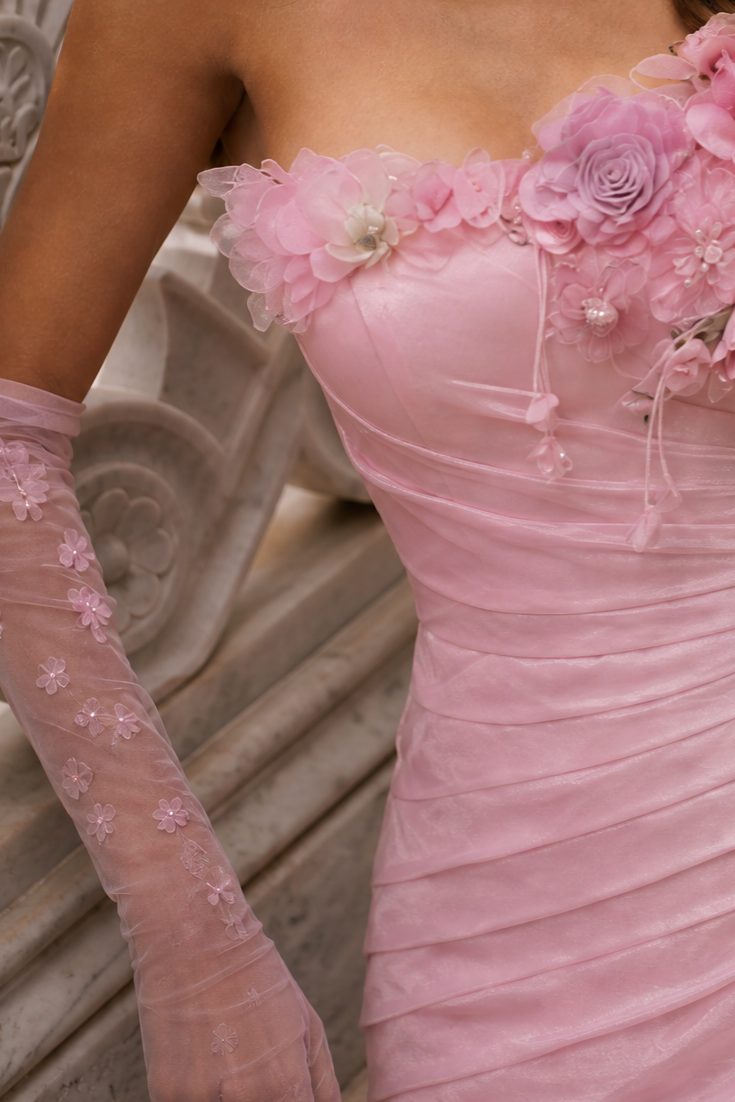 Pink Floral Mermaid Gown with 3D Flower Appliqué and Ruffled Evening Dress Plus Size