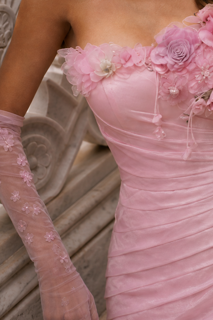 Pink Floral Mermaid Gown with 3D Flower Appliqué and Ruffled Evening Dress Plus Size