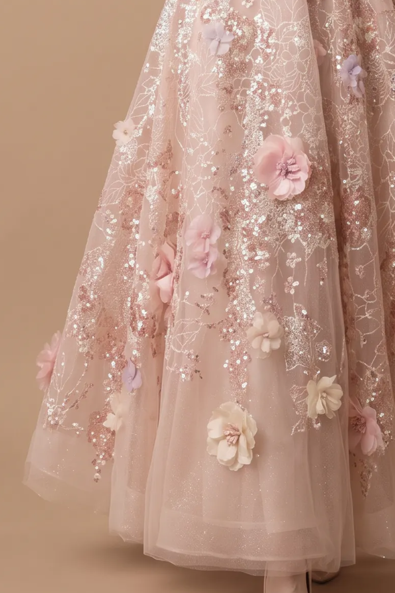 Pink Floral Wedding Dress Sequin Embroidered Corset Tea Length A-Line Gown Plus Size
