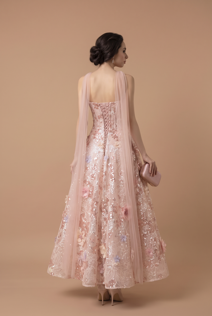Pink Floral Wedding Dress Sequin Embroidered Corset Tea Length A-Line Gown Plus Size