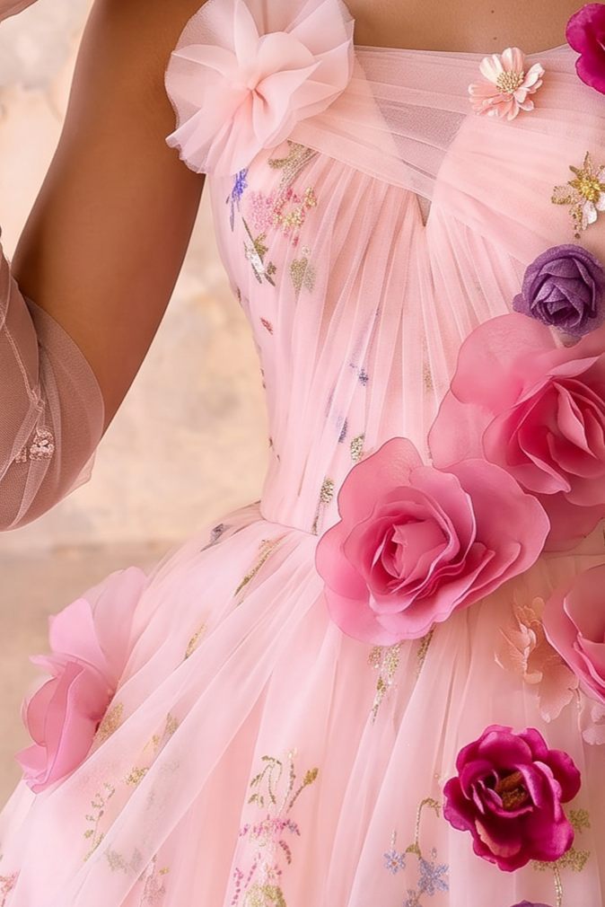 Pink Floral Wedding Dress with 3D Flower Embellishments - Strapless Corset Ball Gown with Embroidered Tulle Skirt - Romantic Wedding Dress Plus Size