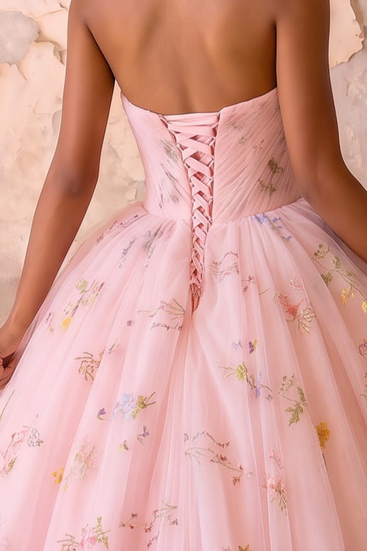 Pink Floral Wedding Dress with 3D Flower Embellishments - Strapless Corset Ball Gown with Embroidered Tulle Skirt - Romantic Wedding Dress Plus Size