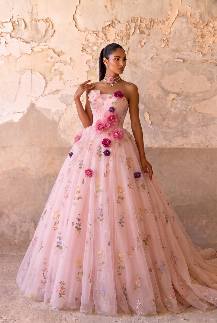 Pink Floral Wedding Dress with 3D Flower Embellishments - Strapless Corset Ball Gown with Embroidered Tulle Skirt - Romantic Wedding Dress Plus Size