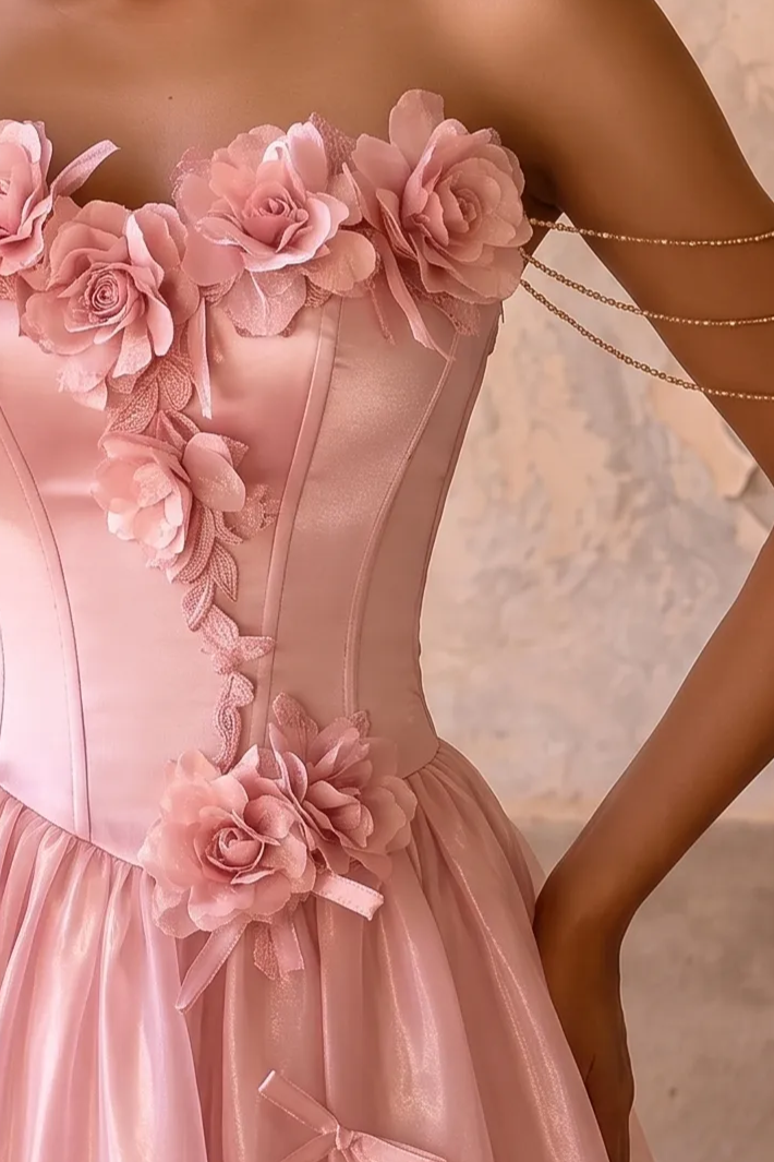 Pink Floral Wedding Dress with Corset Back - Off the Shoulder Satin Gown with Tulle Skirt - Romantic Ball Gown Plus Size