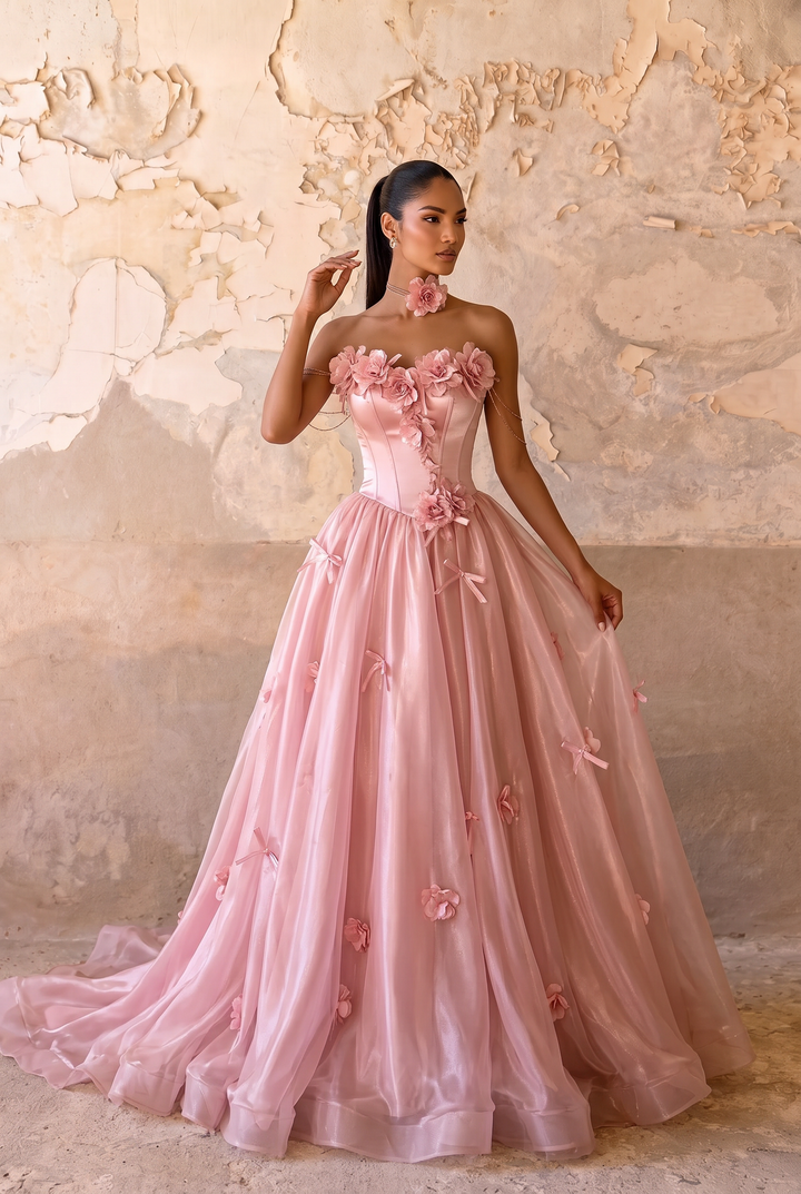 Pink Floral Wedding Dress with Corset Back - Off the Shoulder Satin Gown with Tulle Skirt - Romantic Ball Gown Plus Size