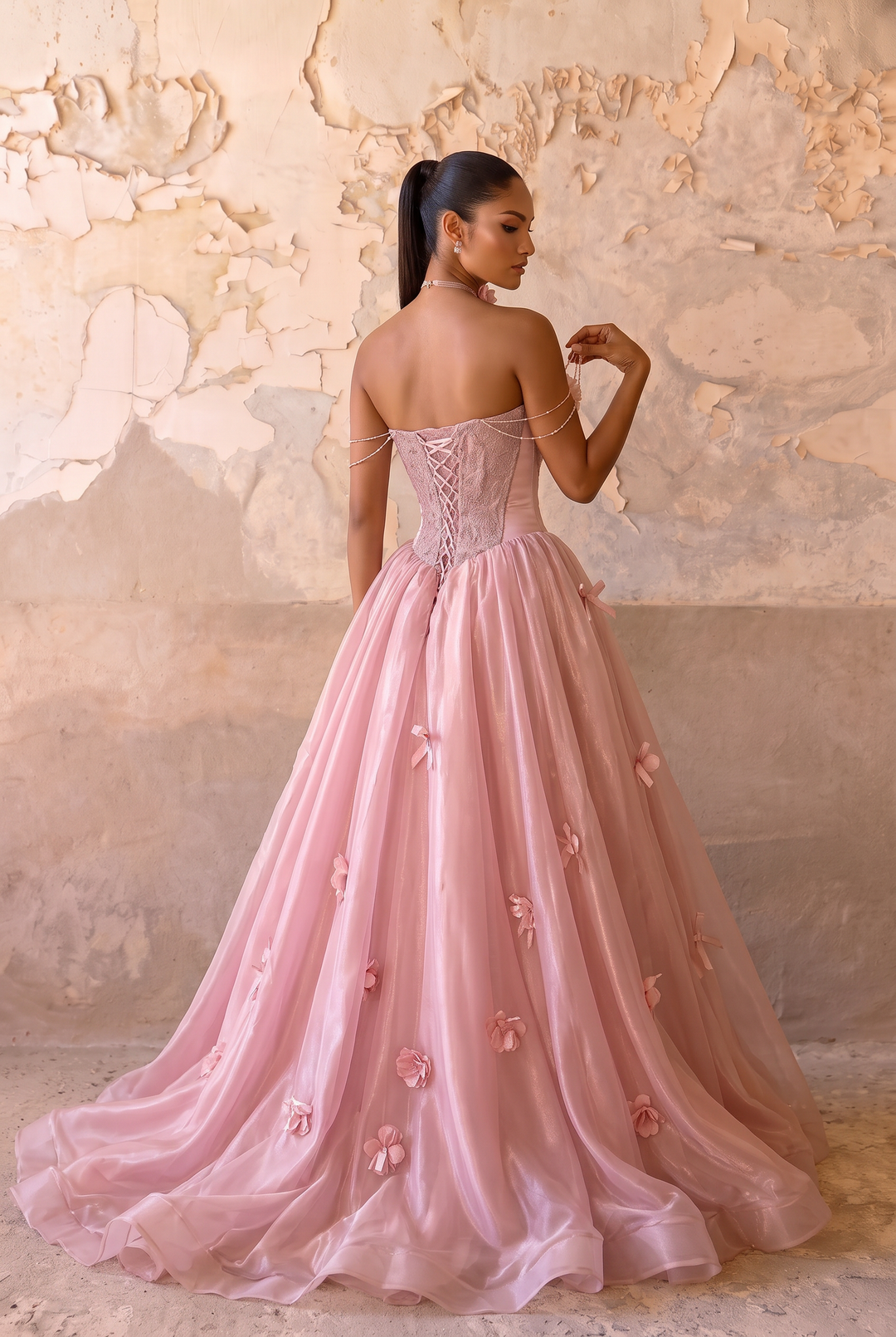 Pink Floral Wedding Dress with Corset Back - Off the Shoulder Satin Gown with Tulle Skirt - Romantic Ball Gown Plus Size