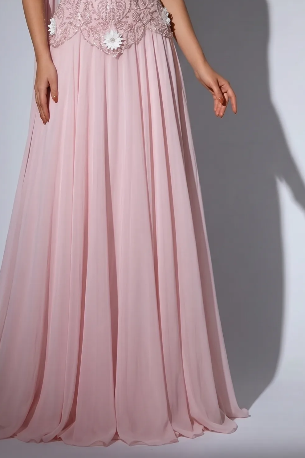Pink One Shoulder Chiffon Evening Gown with Beaded Corset Bodice, Detachable Illusion Gloves and Floral Appliqué – Formal Dress Plus Size