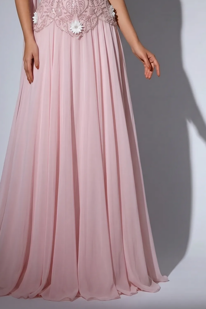 Pink One Shoulder Chiffon Evening Gown with Beaded Corset Bodice, Detachable Illusion Gloves and Floral Appliqué – Formal Dress Plus Size