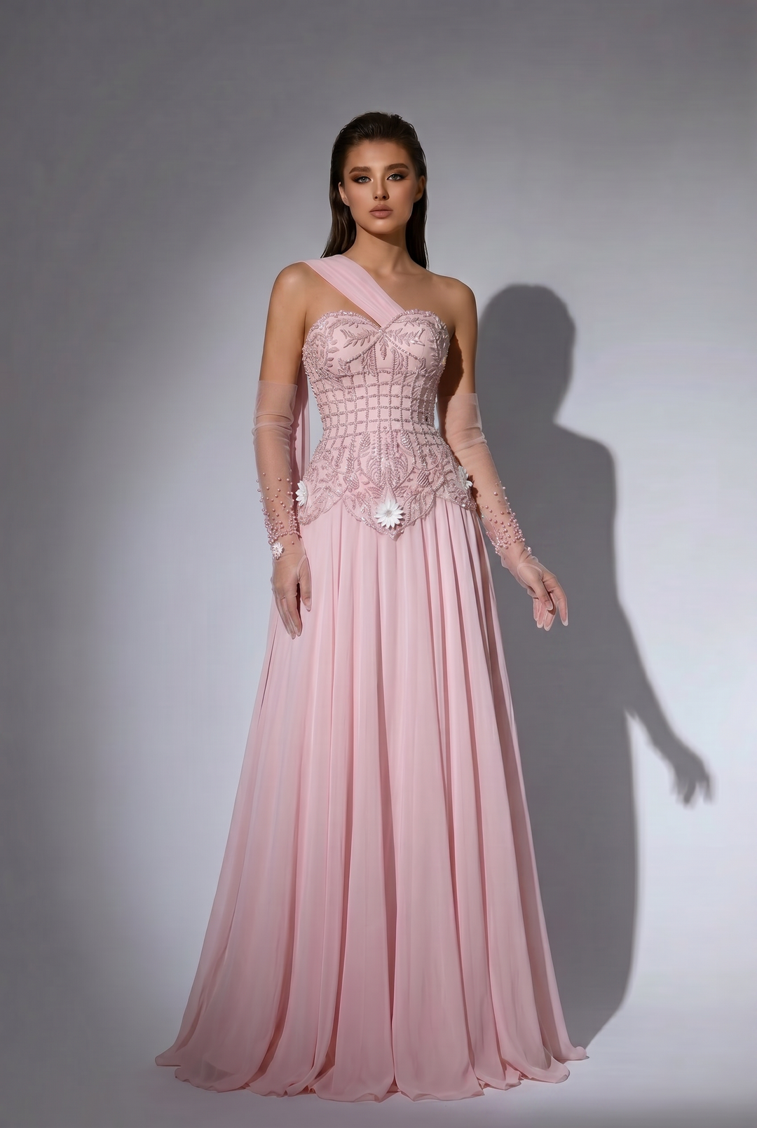Pink One Shoulder Chiffon Evening Gown with Beaded Corset Bodice, Detachable Illusion Gloves and Floral Appliqué – Formal Dress Plus Size