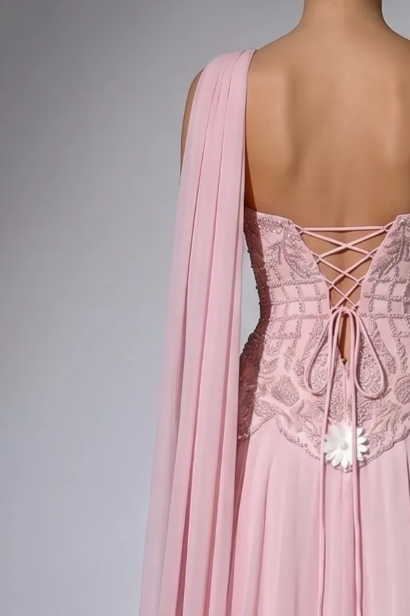 Pink One Shoulder Chiffon Evening Gown with Beaded Corset Bodice, Detachable Illusion Gloves and Floral Appliqué – Formal Dress Plus Size