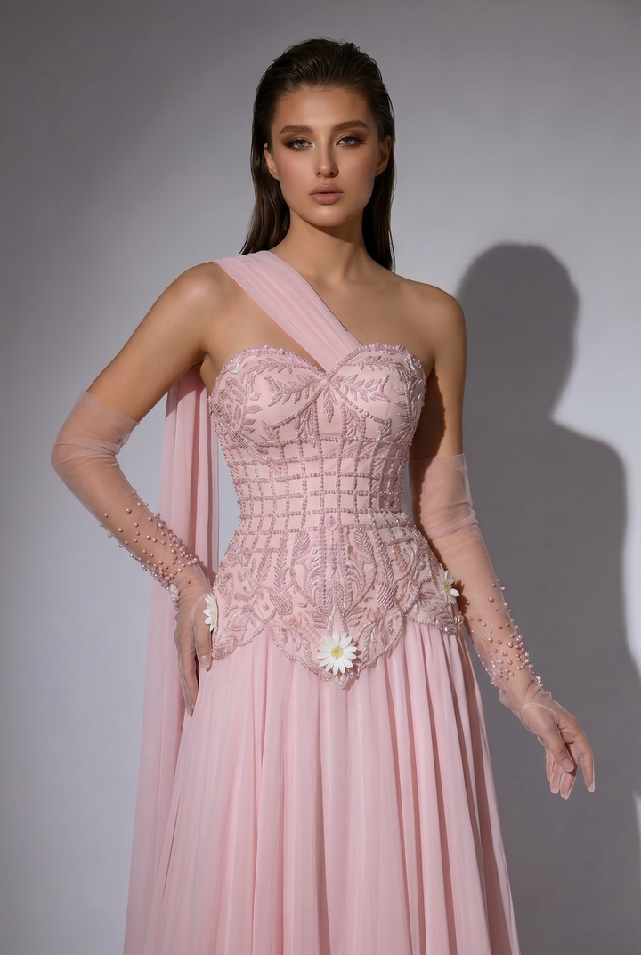 Pink One Shoulder Chiffon Evening Gown with Beaded Corset Bodice, Detachable Illusion Gloves and Floral Appliqué – Formal Dress Plus Size