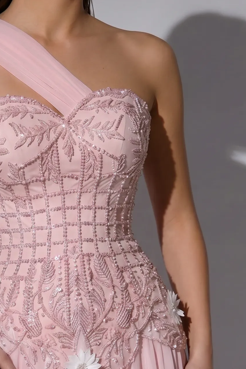 Pink One Shoulder Chiffon Evening Gown with Beaded Corset Bodice, Detachable Illusion Gloves and Floral Appliqué – Formal Dress Plus Size