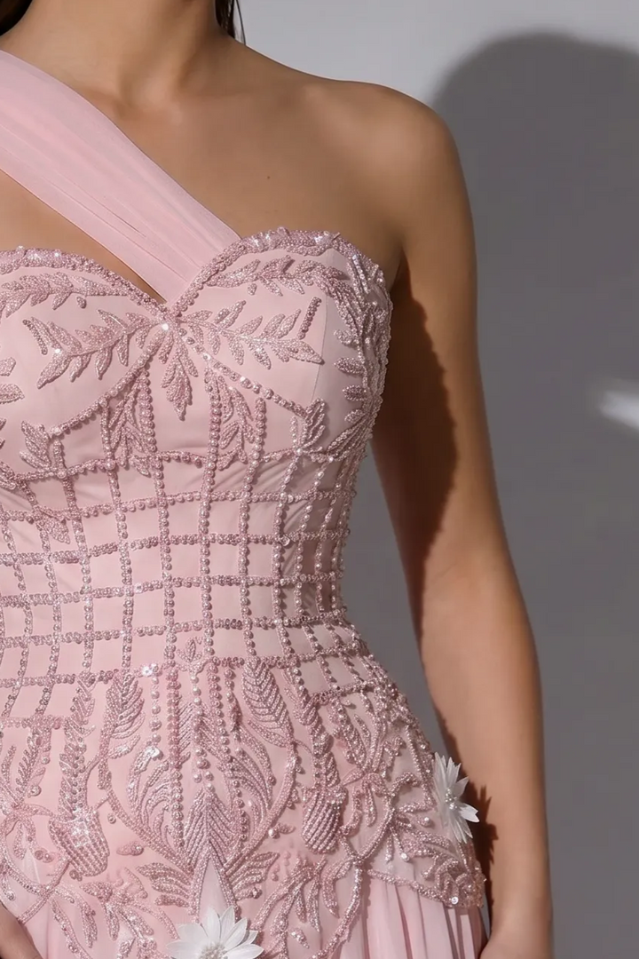 Pink One Shoulder Chiffon Evening Gown with Beaded Corset Bodice, Detachable Illusion Gloves and Floral Appliqué – Formal Dress Plus Size